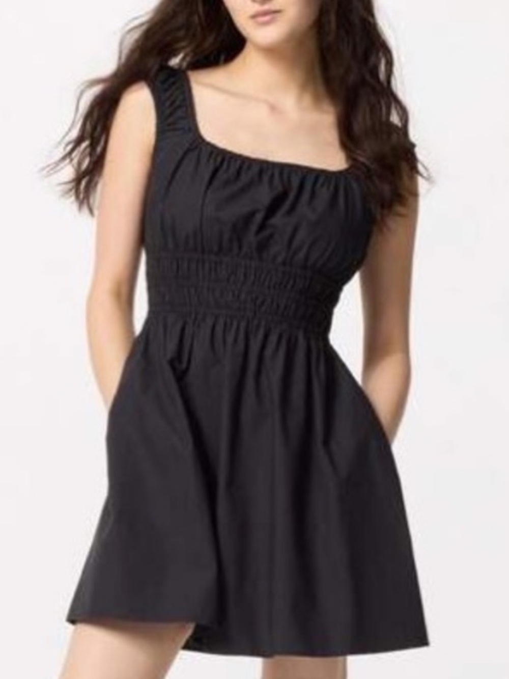 Uniqlo Cotton Smocked Waist Black Mini Dress with Wide Ruched Straps Size Small
